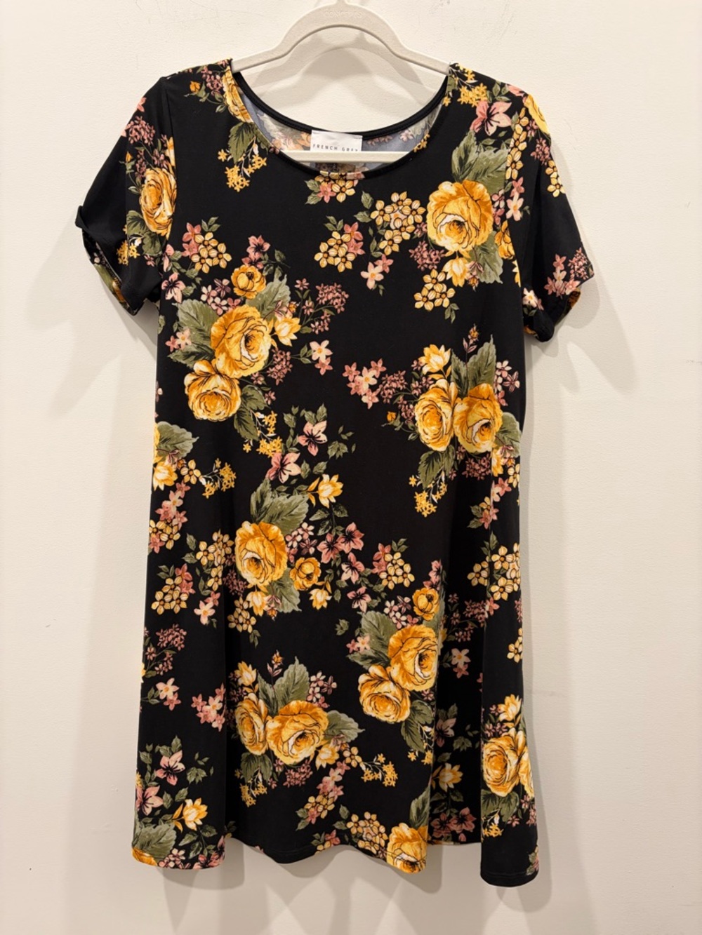 French Grey Black Midi Dress with Yellow Rose Print